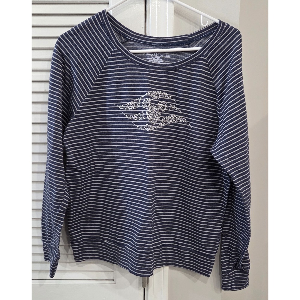Womens Disney Cruise Lines Blue & White Long-Sleeve Pullover Rhinestone Mickey L